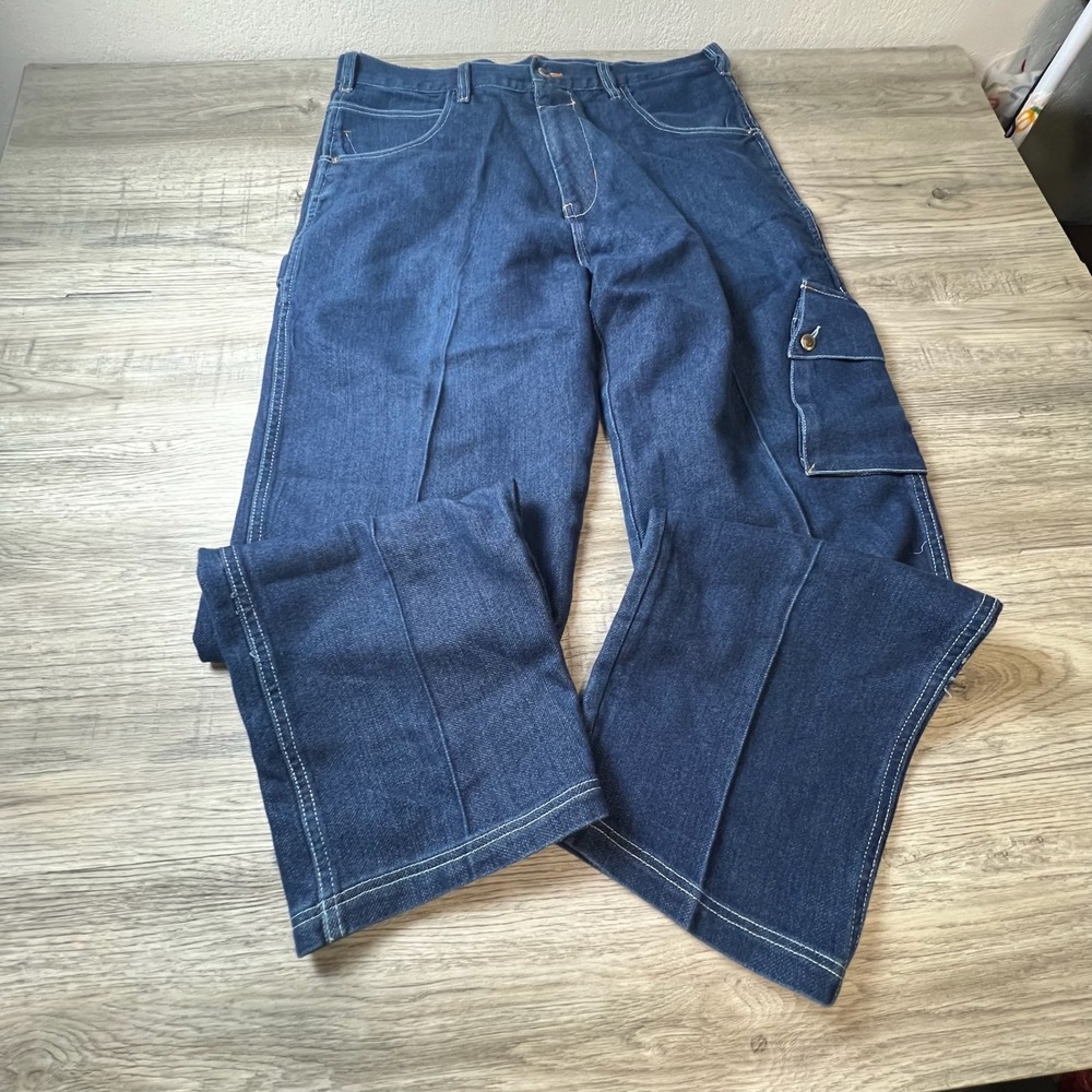 FUBU Cargo Jeans Mens W40 L34 Blue Wide Leg Baggy Denim Y2K Streetwear Hip Hop